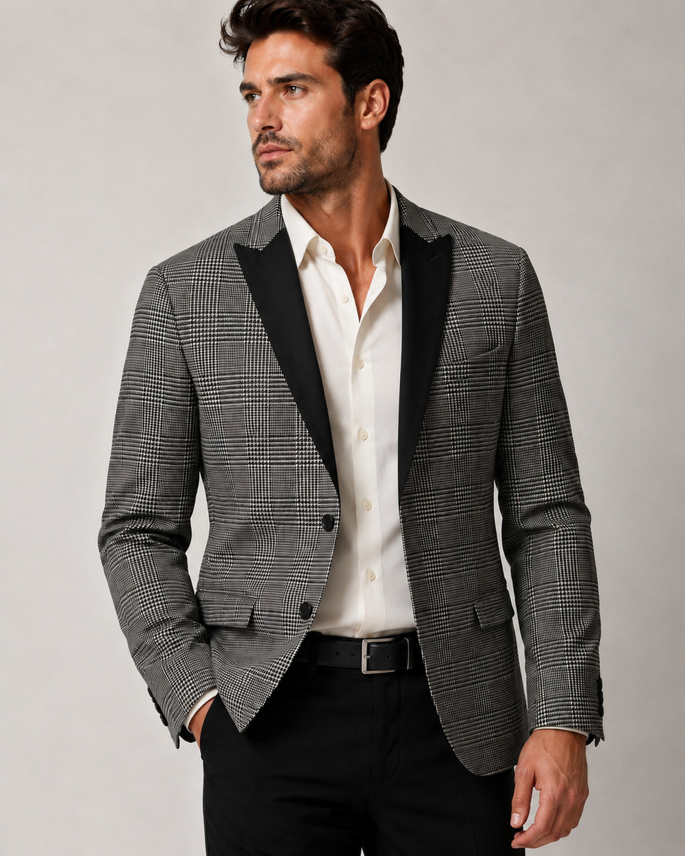 Mens JF Ferrar Black Plaid Stretch Suit Jacket Blazer Small 34-36 Slim New